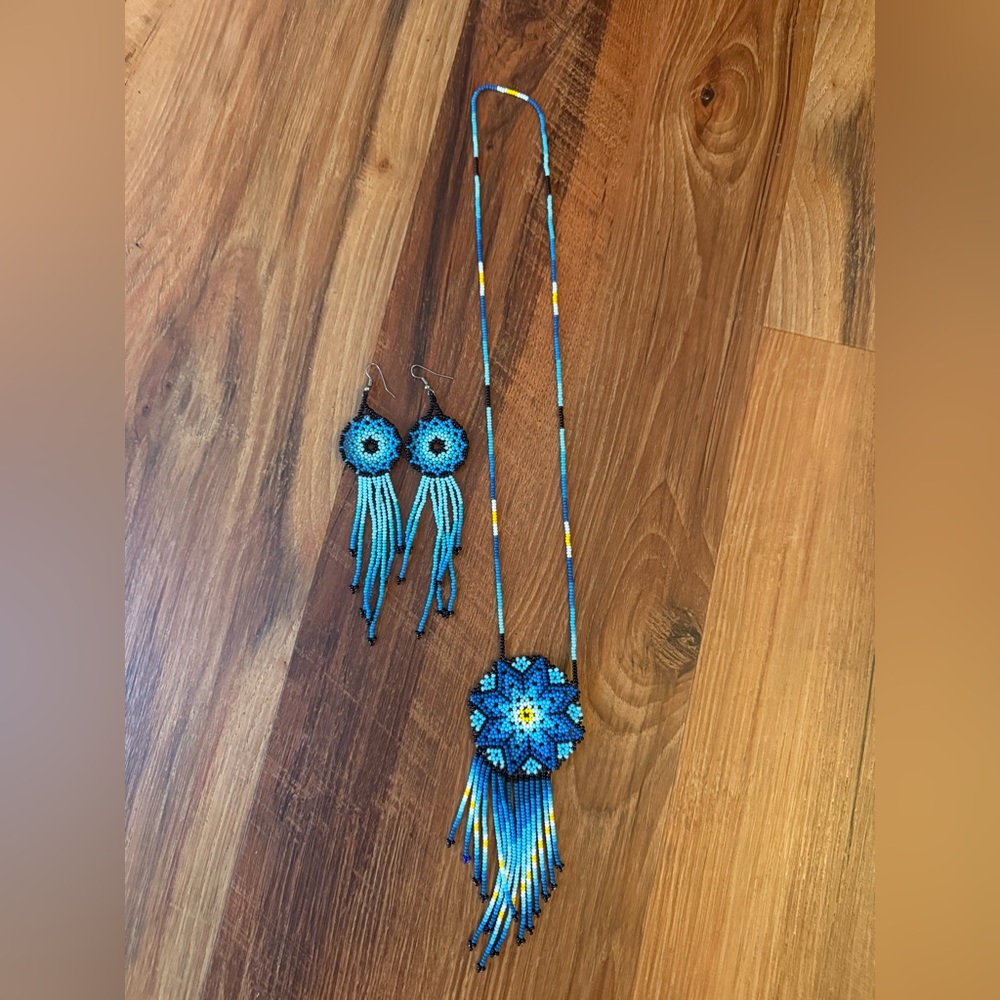 Blue Beaded Necklace and Earring Set Huichol